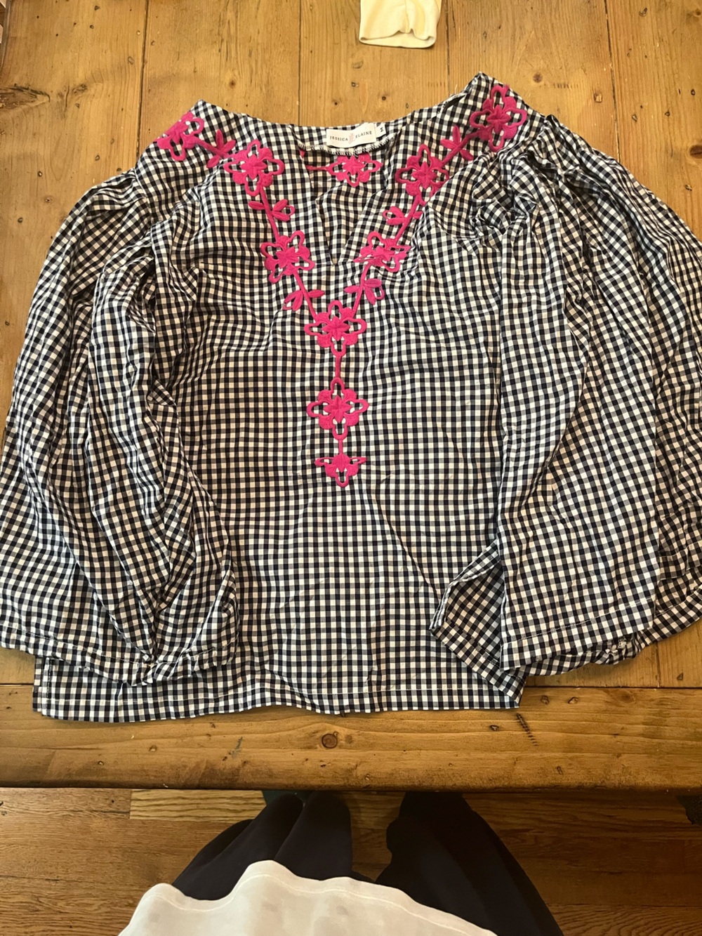 Black White Gingham Top with Hot Pink Embroidery Tunic Preppy Classic Southern